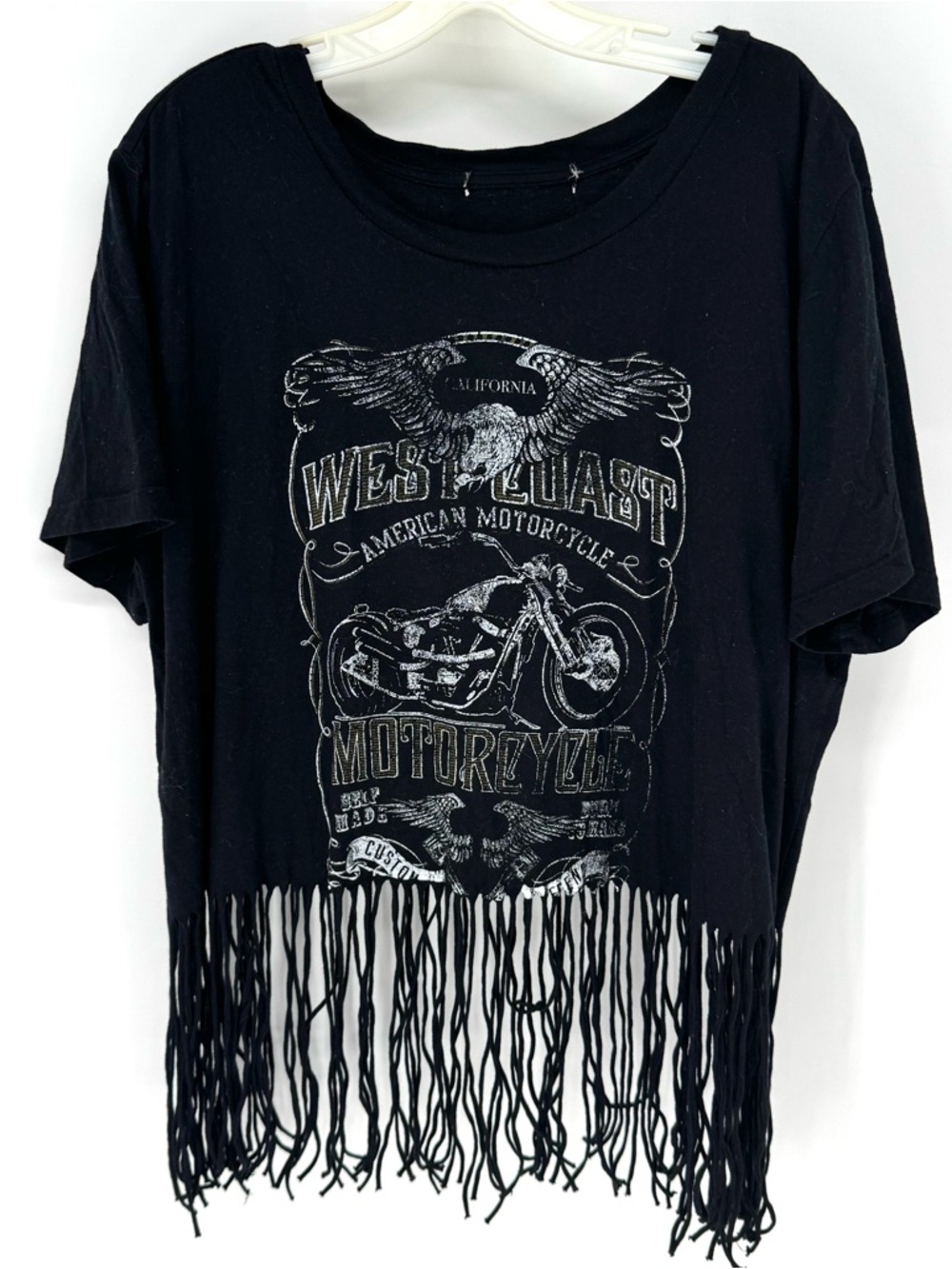 West Coast Motorcycle graphic T-shirt, cropped with fringe bottom medium